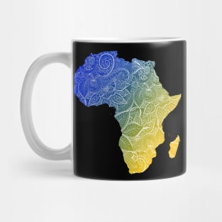 Colorful mandala art map of Africa with text in blue and yellow Mug